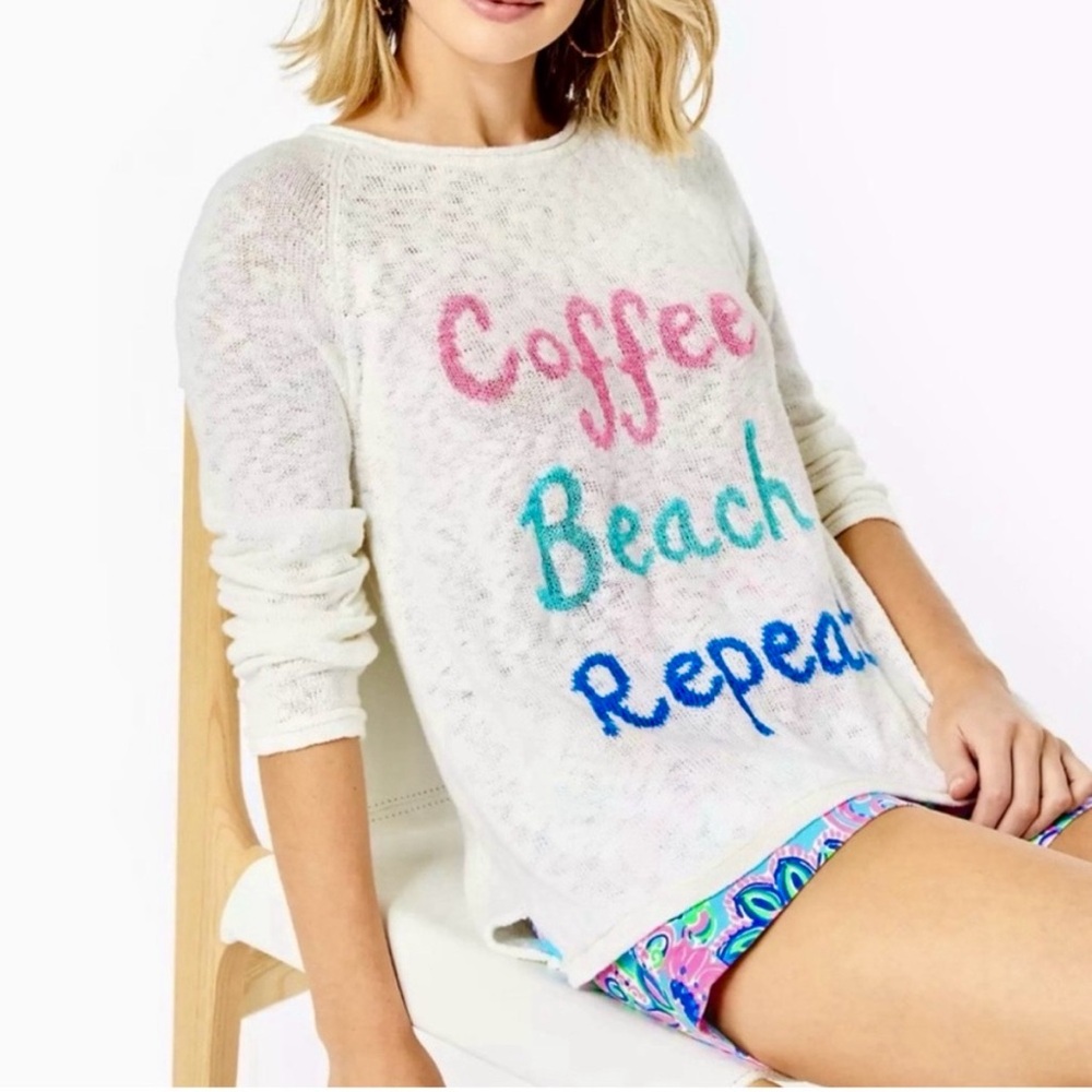 Lilly Pulitzer Danette Sweater Coffee Beach Repeat Graphic Resort White M NWOT - Picture 3 of 12